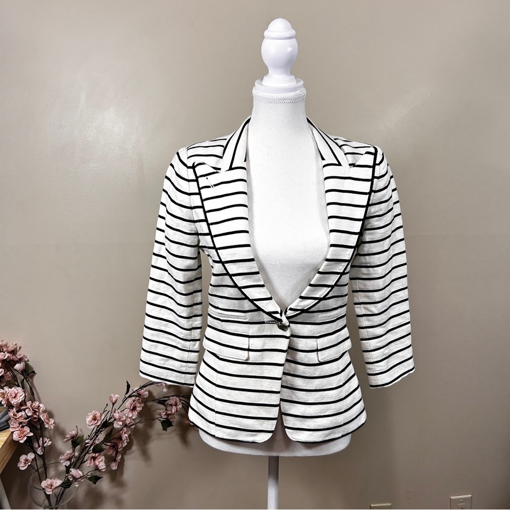 Smythe Les Vestes Linen Blend Single Button Blazer Striped 3/4 Sleeve Sz 2